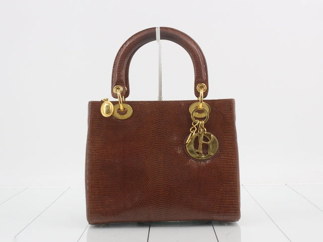Lady Dior Medium Brown Lizard Skin Leather Handbag with Gold Hardware-Luxbags