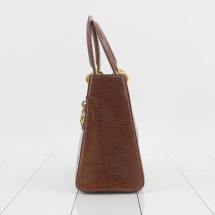Lady Dior Medium Brown Lizard Skin Leather Handbag with Gold Hardware