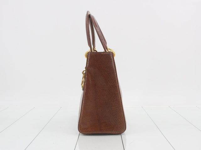 Lady Dior Medium Brown Lizard Skin Leather Handbag with Gold Hardware