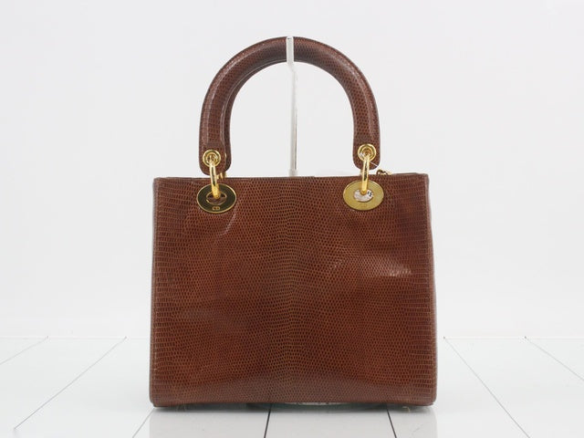 Lady Dior Medium Brown Lizard Skin Leather Handbag with Gold Hardware