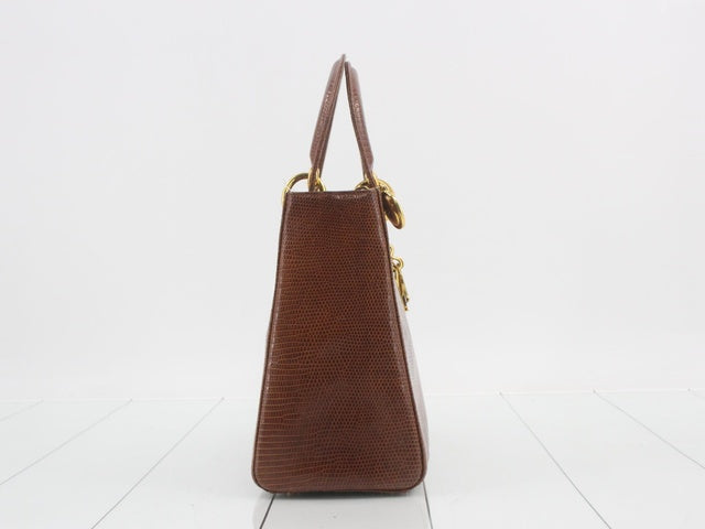 Lady Dior Medium Brown Lizard Skin Leather Handbag with Gold Hardware