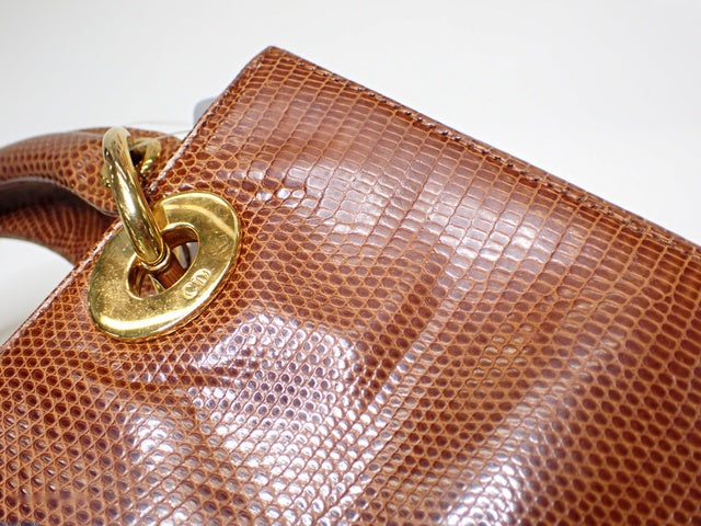 Lady Dior Medium Brown Lizard Skin Leather Handbag with Gold Hardware