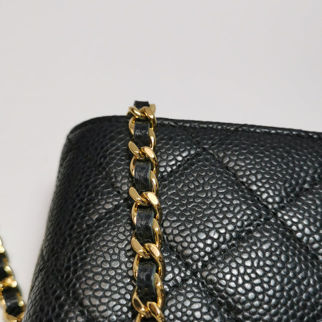 Chanel Wallet on Chain Classique rabat en cuir grainé noir, finition argentée
