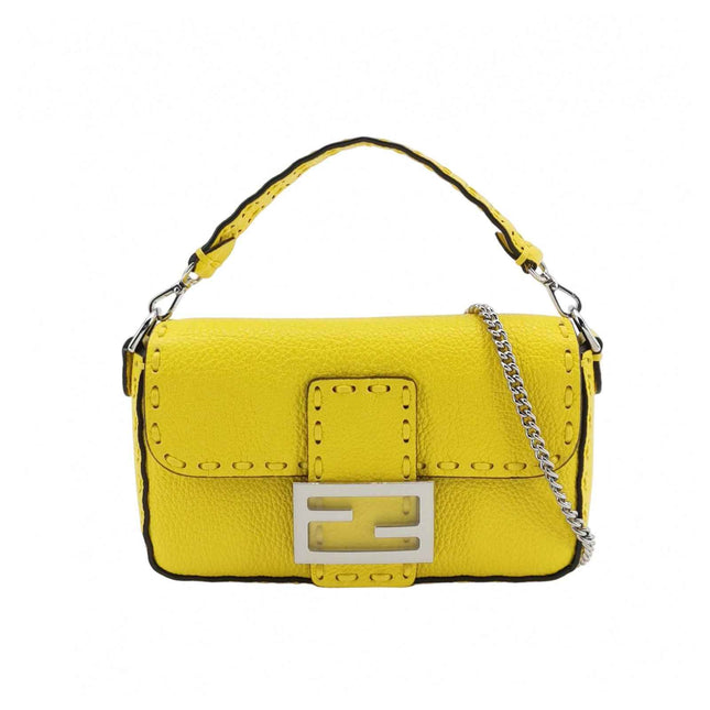 Fendi Baguette Mini Selleria Lemon Yellow Calfskin Leather Crossbody Bag