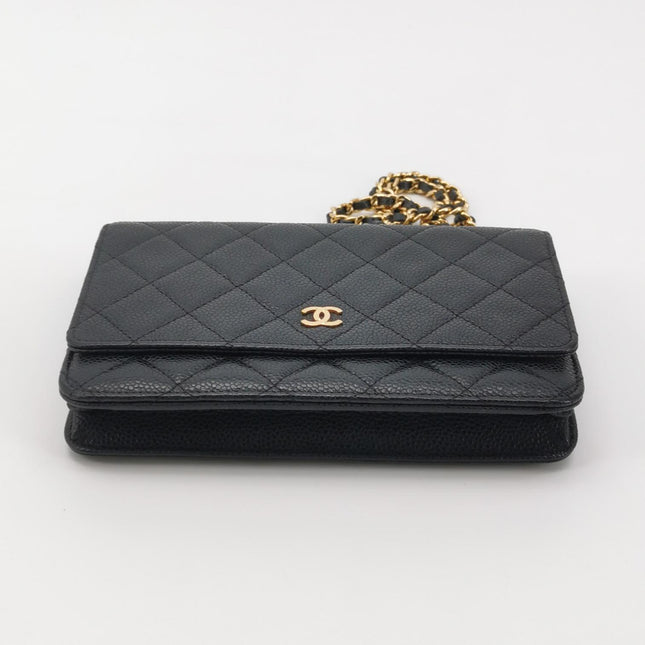 Chanel Wallet on Chain Classique rabat en cuir grainé noir, finition argentée