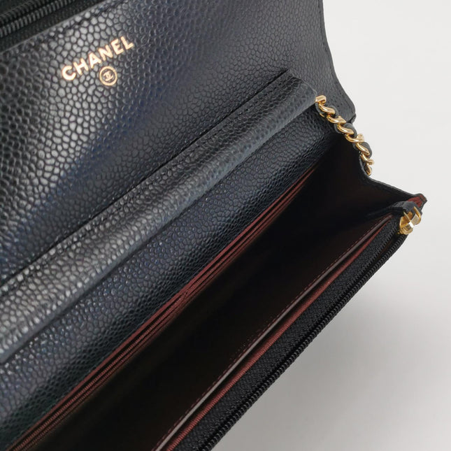 Chanel Wallet on Chain Classique rabat en cuir grainé noir, finition argentée