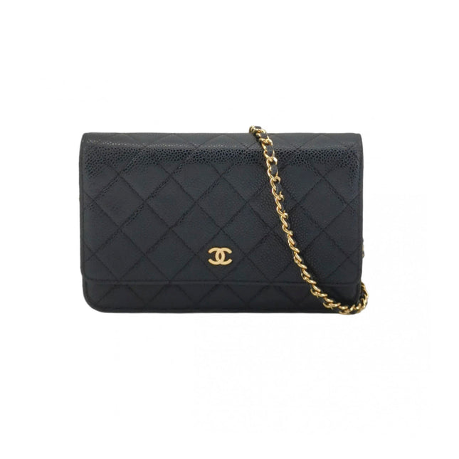 Chanel Wallet on Chain Classique rabat en cuir grainé noir, finition argentée