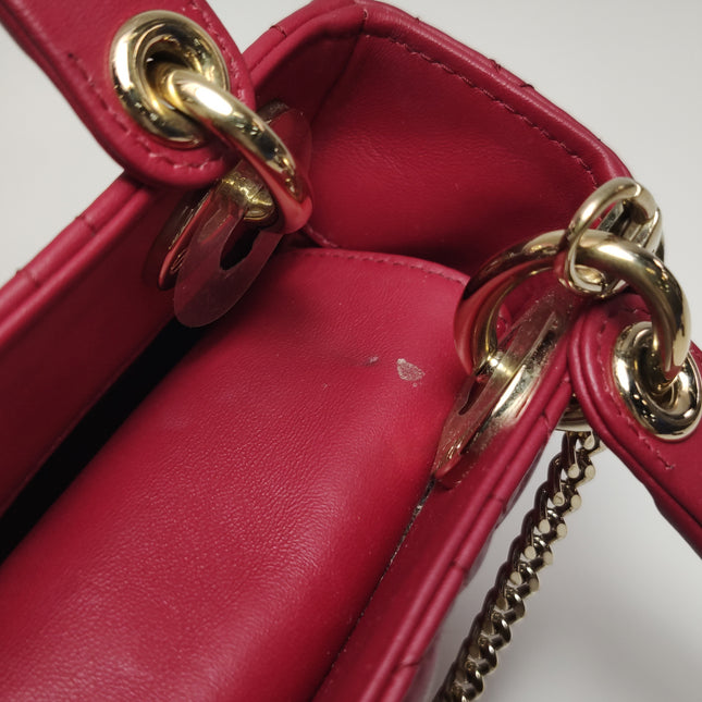 Lady Dior Mini Cuir d'Agneau Rouge Chaîne Bandoulière Métal Doré