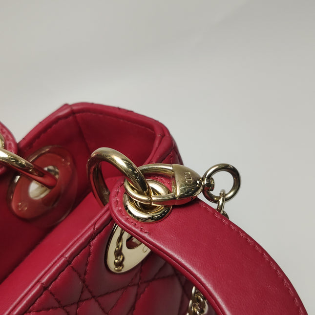 Lady Dior Mini Cuir d'Agneau Rouge Chaîne Bandoulière Métal Doré