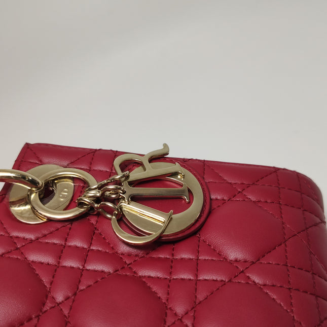 Lady Dior Mini Cuir d'Agneau Rouge Chaîne Bandoulière Métal Doré