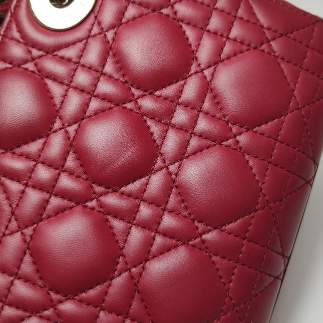 Lady Dior Mini Cuir d'Agneau Rouge Chaîne Bandoulière Métal Doré