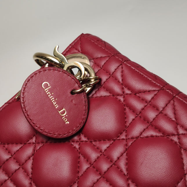 Lady Dior Mini Cuir d'Agneau Rouge Chaîne Bandoulière Métal Doré
