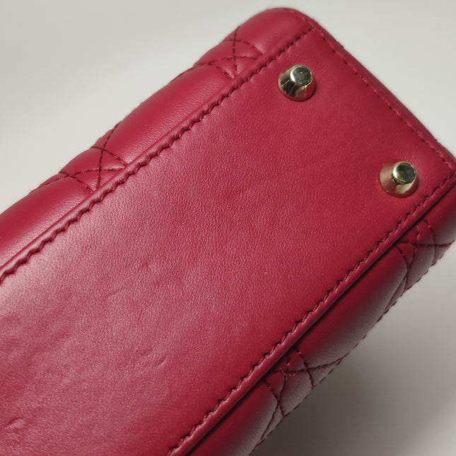 Lady Dior Mini Cuir d'Agneau Rouge Chaîne Bandoulière Métal Doré