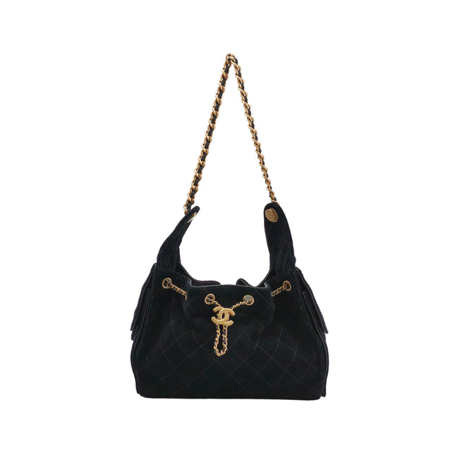 Chanel 25 Bag Small Black Suede Leather Gold Hardware Shoulder Bag