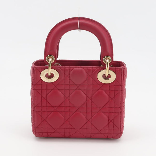 Lady Dior Mini Cuir d'Agneau Rouge Chaîne Bandoulière Métal Doré
