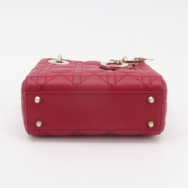 Lady Dior Mini Cuir d'Agneau Rouge Chaîne Bandoulière Métal Doré