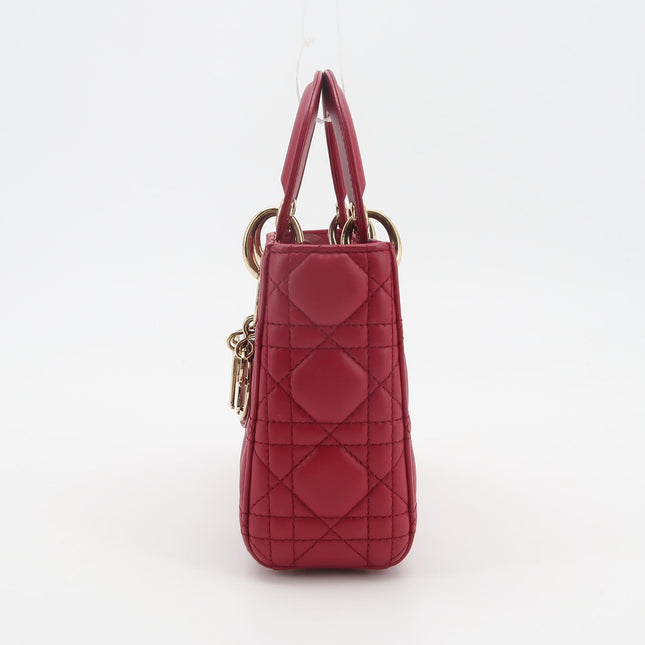 Lady Dior Mini Cuir d'Agneau Rouge Chaîne Bandoulière Métal Doré