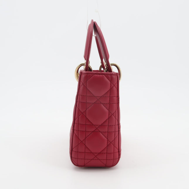 Lady Dior Mini Cuir d'Agneau Rouge Chaîne Bandoulière Métal Doré