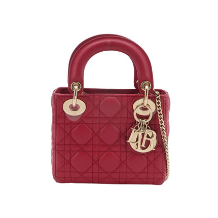 Lady Dior Mini Cuir d'Agneau Rouge Chaîne Bandoulière Métal Doré