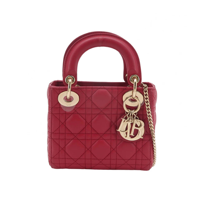 Lady Dior Mini Cuir d'Agneau Rouge Chaîne Bandoulière Métal Doré