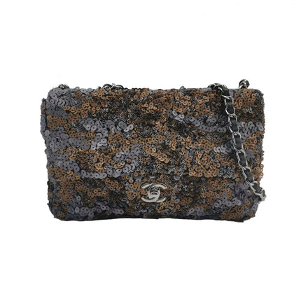 Sac Chanel Paillettes Flap Bag Rectangulaire Mini Paillettes Bleu Marine et Argent