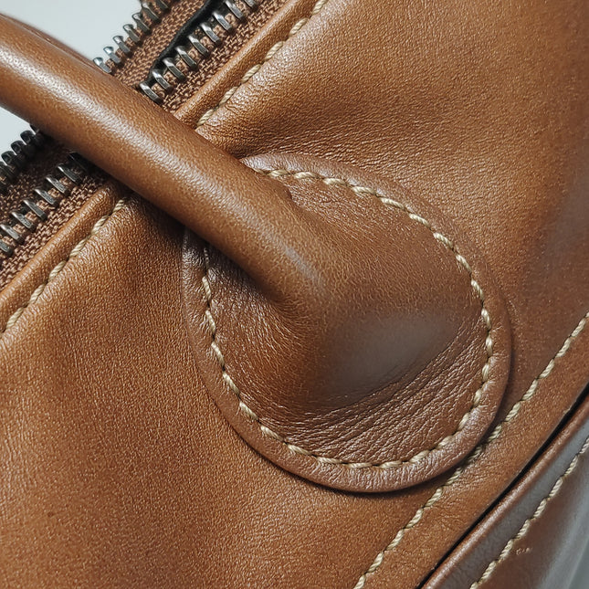 Longchamp Au Sultan Weekender Brown Leather Top Handle Travel Bag Canvas Strap