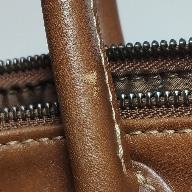 Longchamp Au Sultan Weekender Brown Leather Top Handle Travel Bag Canvas Strap