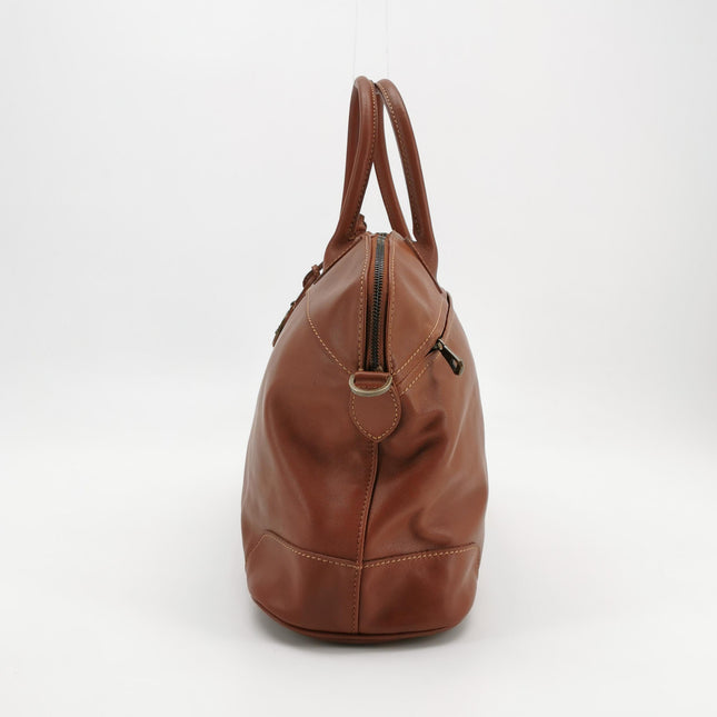 Longchamp Au Sultan Weekender Brown Leather Top Handle Travel Bag Canvas Strap