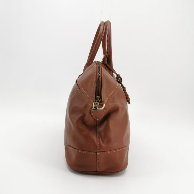 Longchamp Au Sultan Weekender Brown Leather Top Handle Travel Bag Canvas Strap