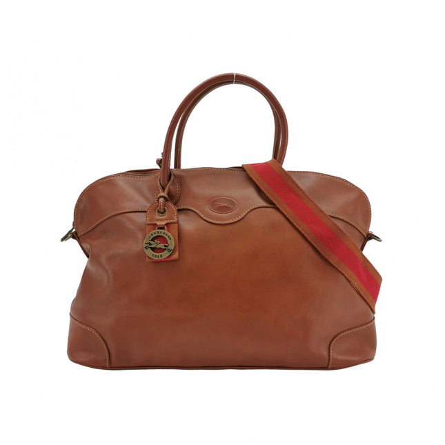 Longchamp Au Sultan Weekender Brown Leather Top Handle Travel Bag Canvas Strap