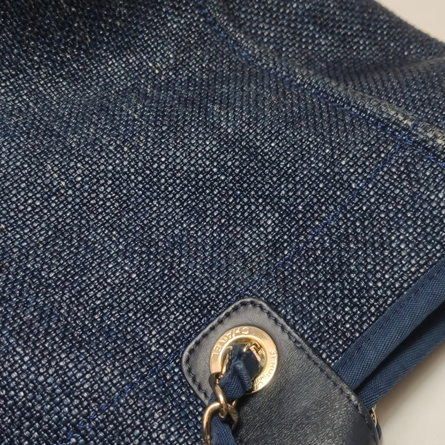 Chanel Deauville Tote Medium Navy Raffia Top Handle with Chains