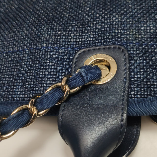 Chanel Deauville Tote Medium Navy Raffia Top Handle with Chains