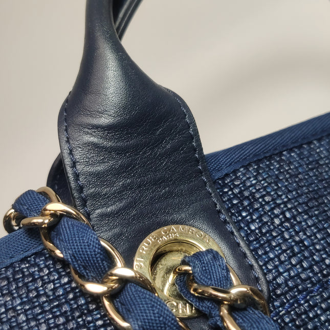 Chanel Deauville Tote Medium Navy Raffia Top Handle with Chains