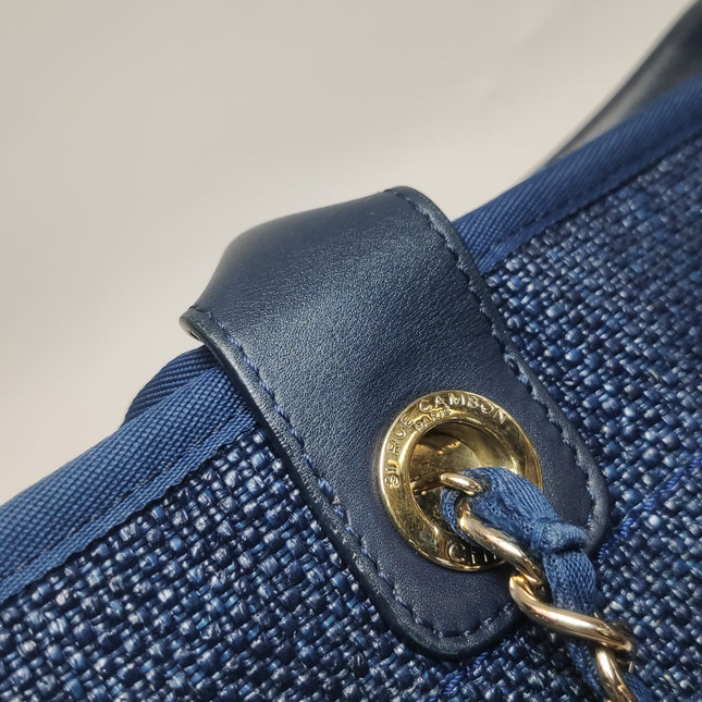 Chanel Deauville Tote Medium Navy Raffia Top Handle with Chains