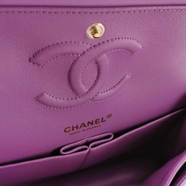 Chanel Classic Flap Medium Lavender Purple Patent Leather Silver Hardware