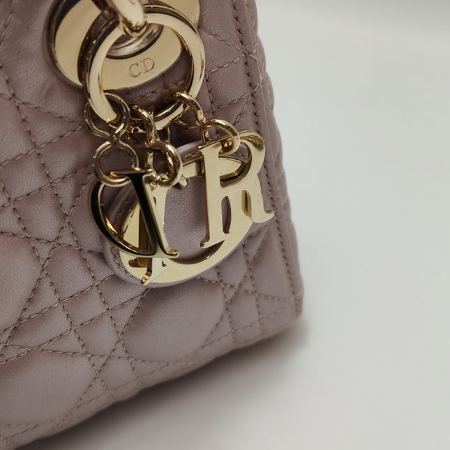 Lady Dior Mini 2016 Pearlescent Pink Lambskin Leather Gold Chain Strap