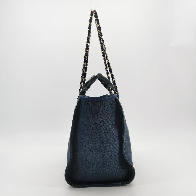 Chanel Deauville Tote Medium Navy Raffia Top Handle with Chains