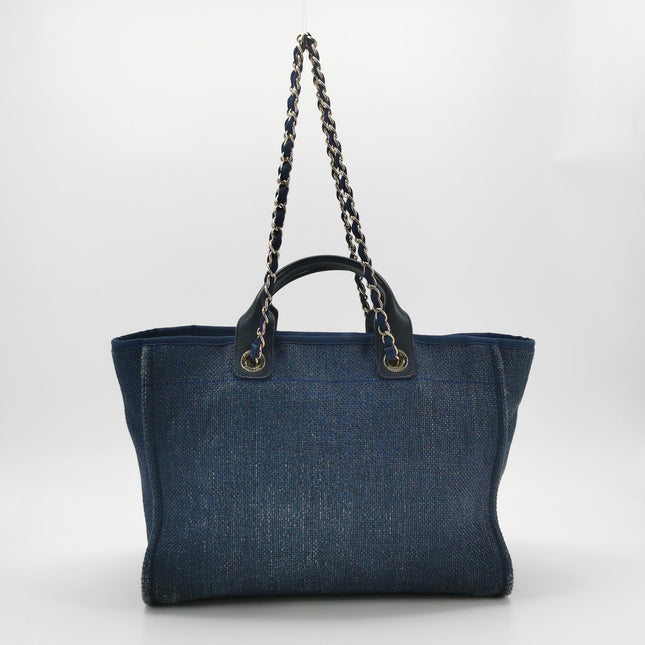 Chanel Deauville Tote Medium Navy Raffia Top Handle with Chains