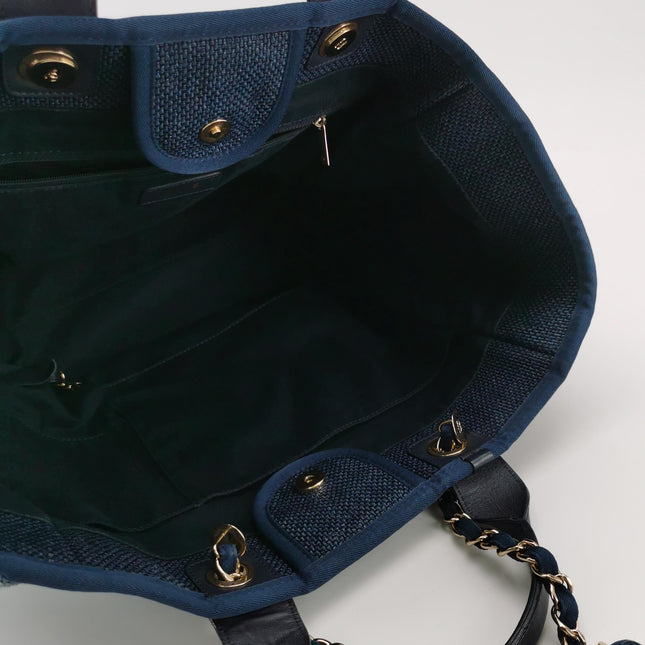 Chanel Deauville Tote Medium Navy Raffia Top Handle with Chains