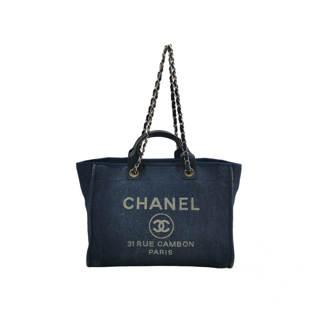 Chanel Deauville Tote Medium Navy Raffia Top Handle with Chains