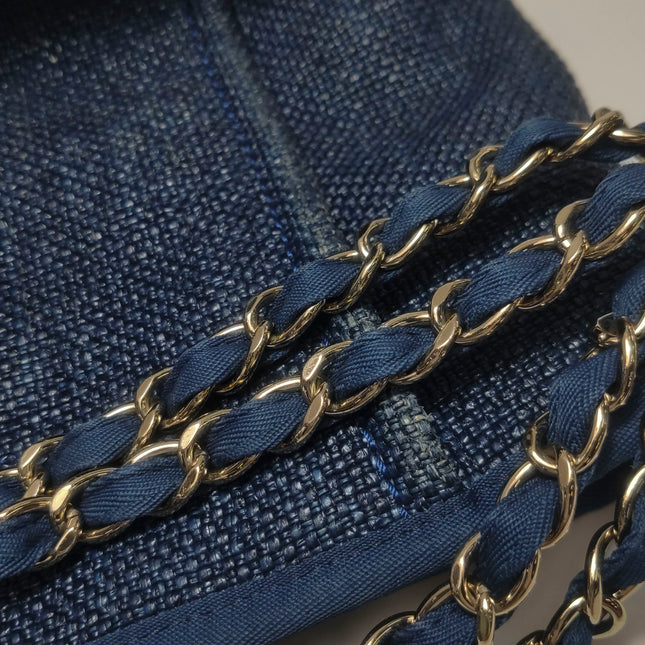 Chanel Deauville Tote Medium Navy Raffia Top Handle with Chains