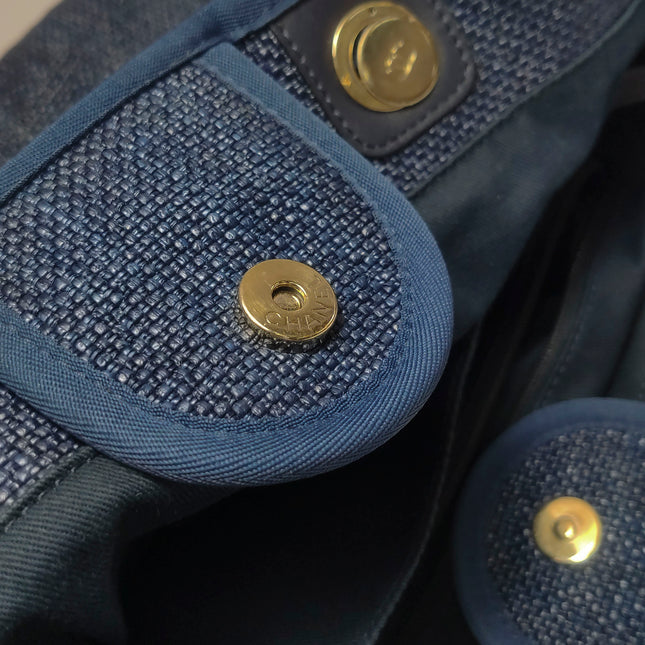 Chanel Deauville Tote Medium Navy Raffia Top Handle with Chains