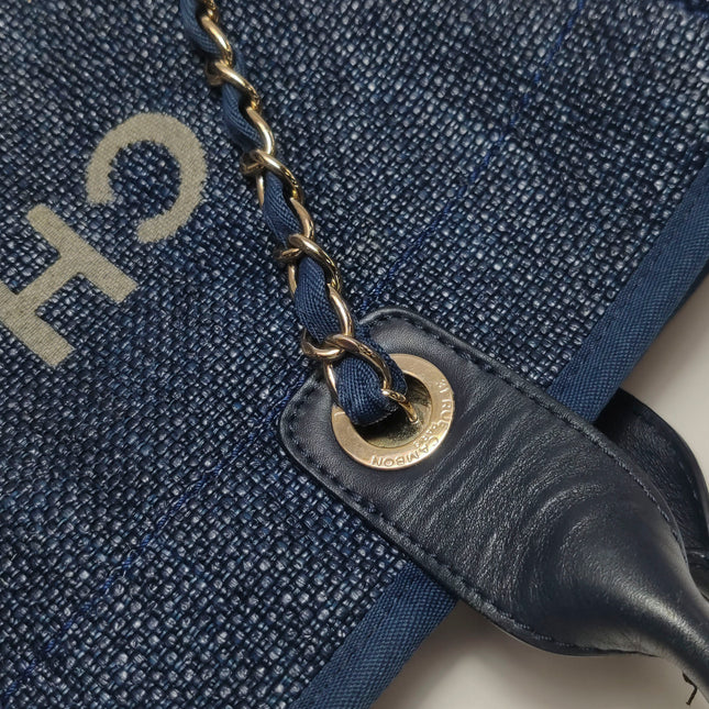 Chanel Deauville Tote Medium Navy Raffia Top Handle with Chains