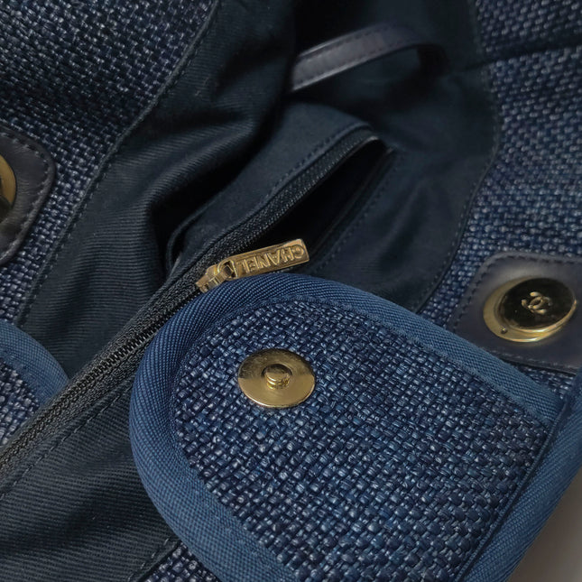 Chanel Deauville Tote Medium Navy Raffia Top Handle with Chains