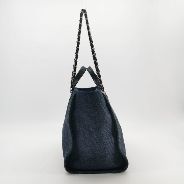 Chanel Deauville Tote Medium Navy Raffia Top Handle with Chains