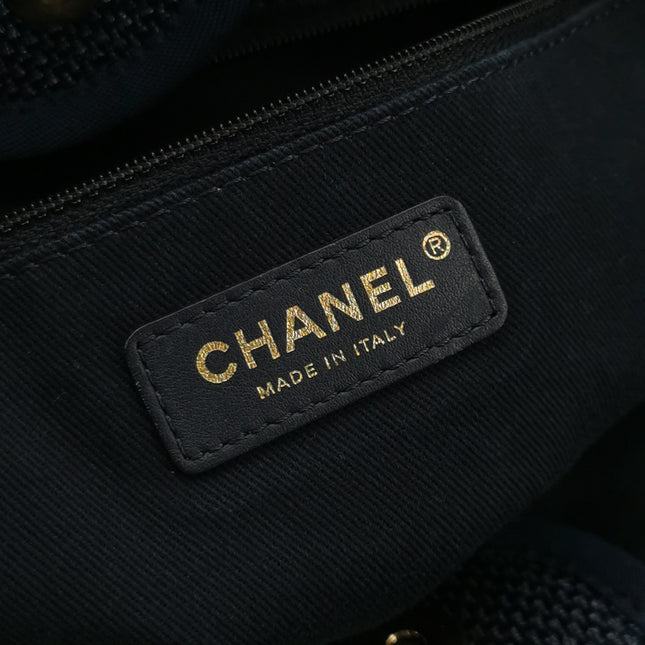 Chanel Deauville Tote Medium Navy Raffia Top Handle with Chains