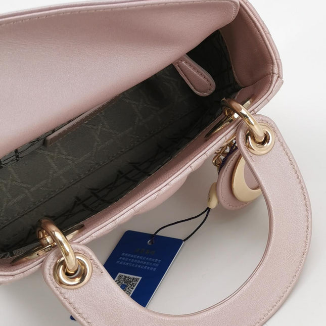 Lady Dior Mini 2016 Pearlescent Pink Lambskin Leather Gold Chain Strap