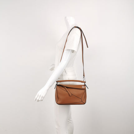 Loewe Puzzle Small Tan Brown Calfskin leather Bag White Logo