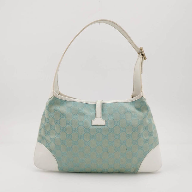 Sold Gucci Jackie Vintage Blue Nylon White Leather Shoulder Bag Medium