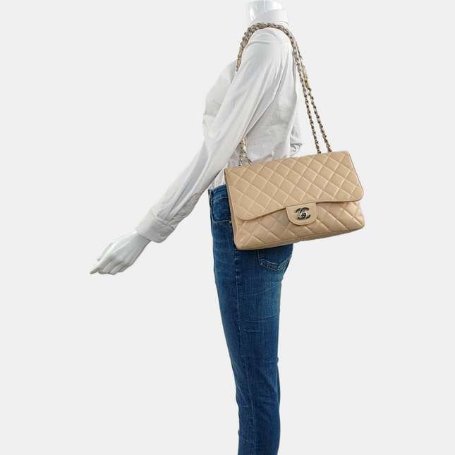 Chanel Classic Flap Jumbo Beige Caviar Leather Single Flap Silver Hardware